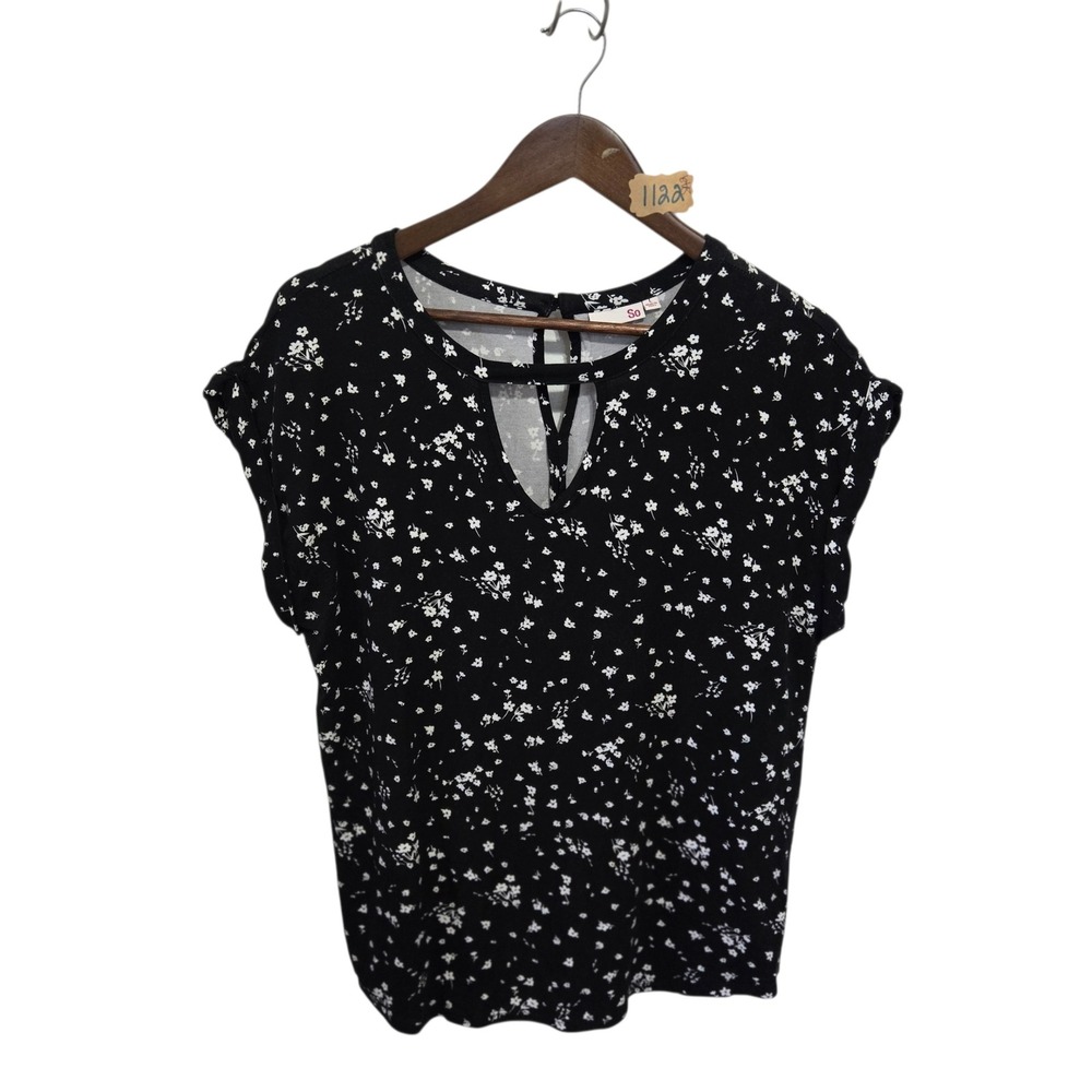 So Womens Black Floral Ditsy Keyhole Neck Cap Sleeve Blouse‎ Large RN73277